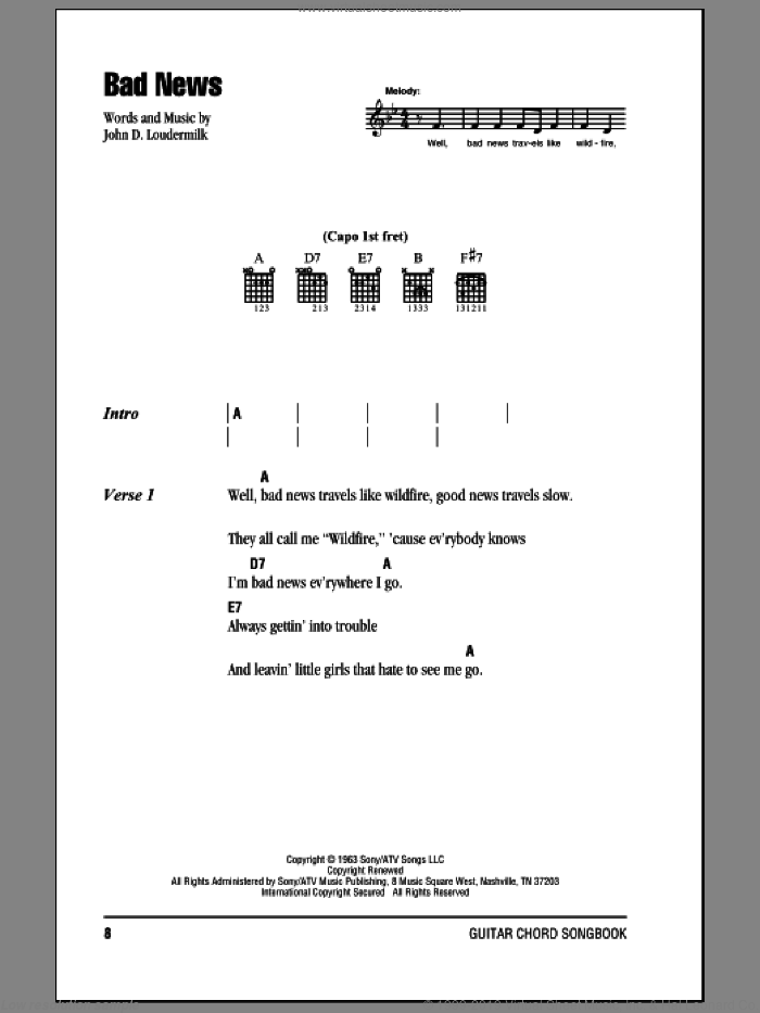 Bad News sheet music for guitar (chords) by Johnny Cash and John D. Loudermilk, intermediate skill level
