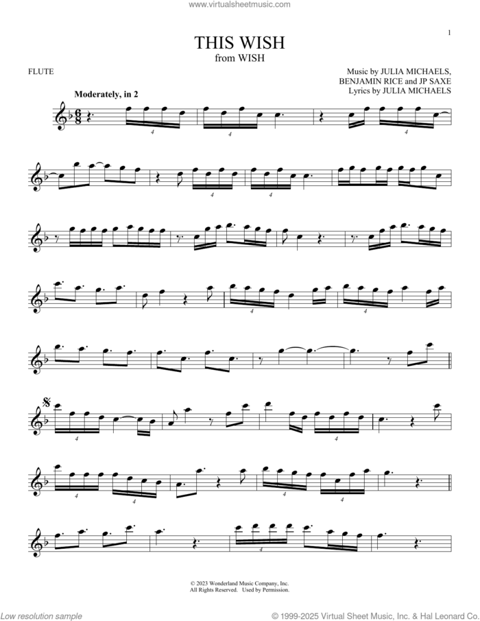 This Wish (from Wish) sheet music for flute solo by Julia Michaels, Benjamin Rice and JP Saxe, intermediate skill level