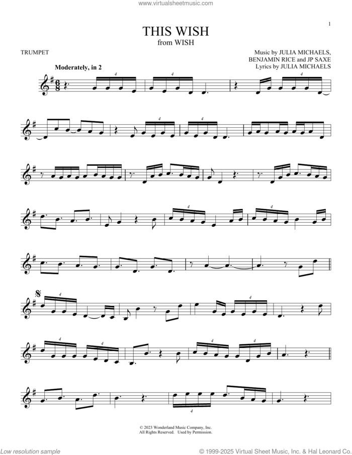 This Wish (from Wish) sheet music for trumpet solo by Julia Michaels, Benjamin Rice and JP Saxe, intermediate skill level