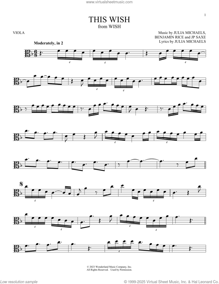 This Wish (from Wish) sheet music for viola solo by Julia Michaels, Benjamin Rice and JP Saxe, intermediate skill level