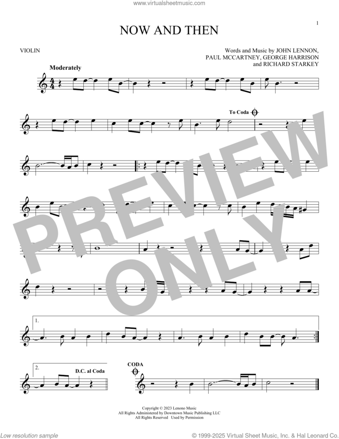 Now And Then sheet music for violin solo by The Beatles, George Harrison, John Lennon, Paul McCartney and Richard Starkey, intermediate skill level