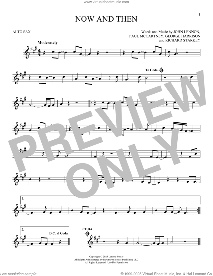 Now And Then sheet music for alto saxophone solo by The Beatles, George Harrison, John Lennon, Paul McCartney and Richard Starkey, intermediate skill level