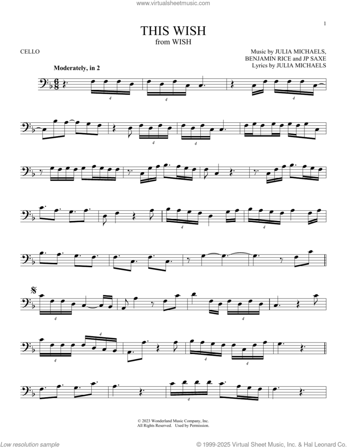 This Wish (from Wish) sheet music for cello solo by Julia Michaels, Benjamin Rice and JP Saxe, intermediate skill level