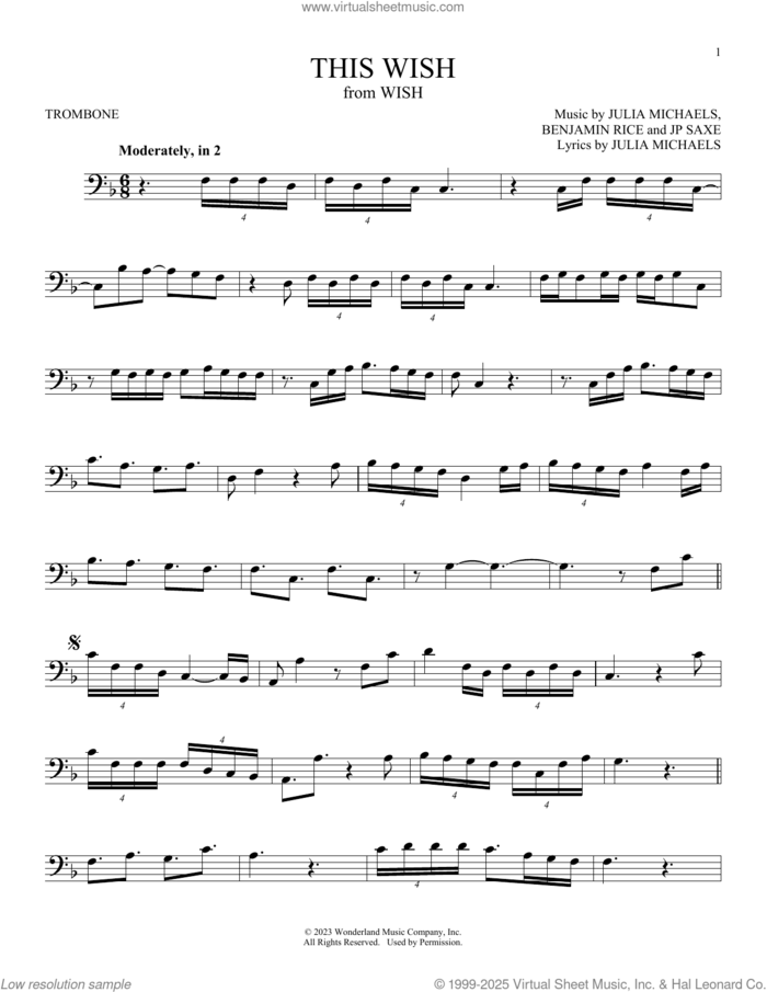 This Wish (from Wish) sheet music for trombone solo by Julia Michaels, Benjamin Rice and JP Saxe, intermediate skill level