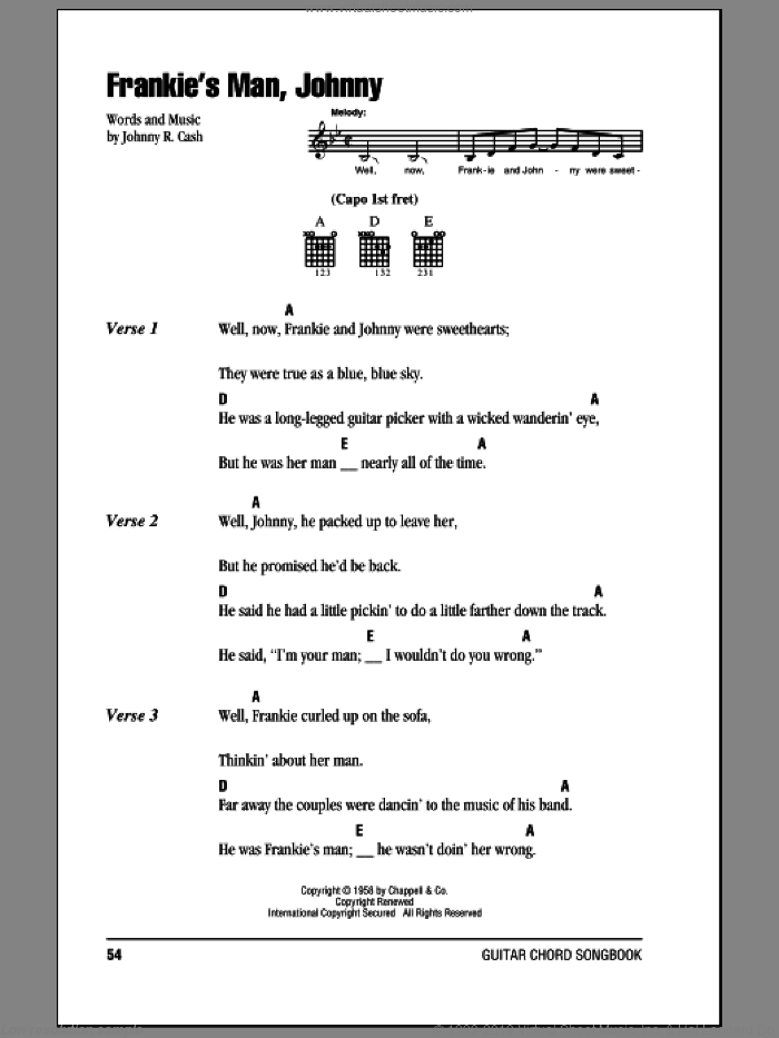 Frankie's Man, Johnny sheet music for guitar (chords) by Johnny Cash, intermediate skill level