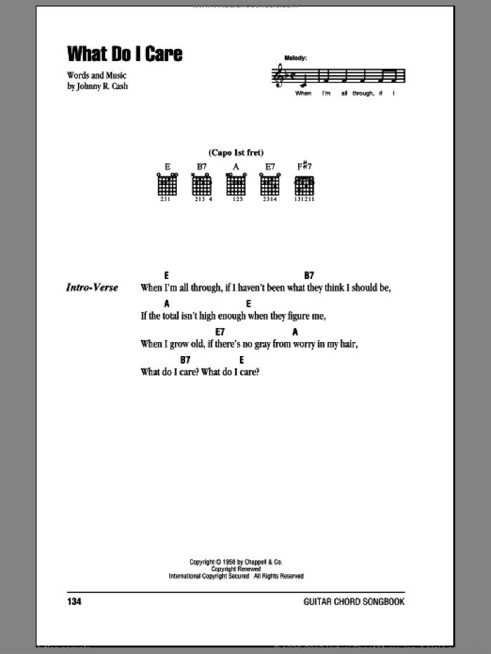 What Do I Care sheet music for guitar (chords) by Johnny Cash, intermediate skill level