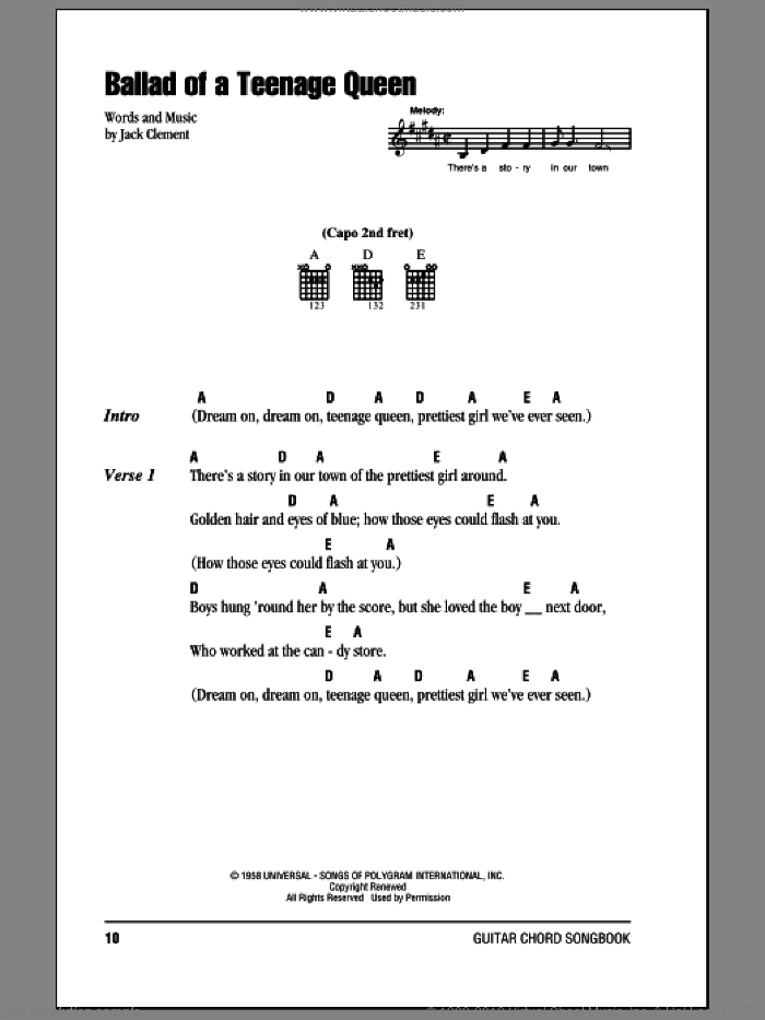 Ballad Of A Teenage Queen sheet music for guitar (chords) by Johnny Cash and Jack Clement, intermediate skill level