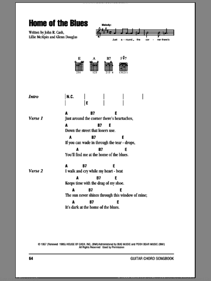 Home Of The Blues sheet music for guitar (chords) by Johnny Cash, Glenn Douglas and Lillie McAlpin, intermediate skill level