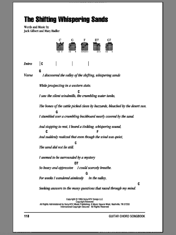 The Shifting Whispering Sands sheet music for guitar (chords) by Johnny Cash, Jack Gilbert and Mary Hadler, intermediate skill level