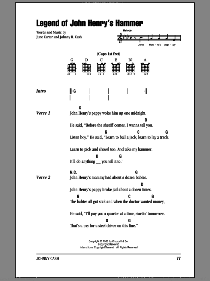 Legend Of John Henry's Hammer sheet music for guitar (chords) by Johnny Cash and June Carter, intermediate skill level