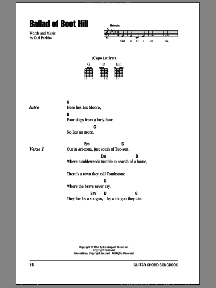 Ballad Of Boot Hill sheet music for guitar (chords) by Johnny Cash and Carl Perkins, intermediate skill level