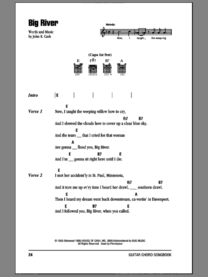 Big River sheet music for guitar (chords) by Johnny Cash, intermediate skill level