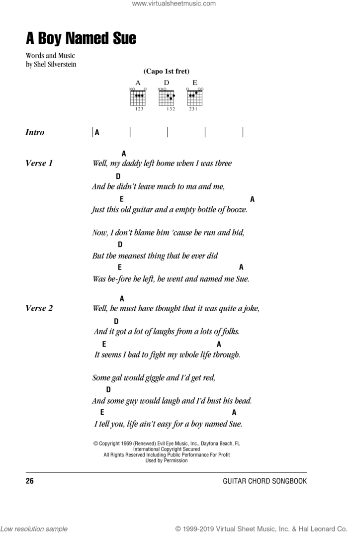 A Boy Named Sue sheet music for guitar (chords) by Johnny Cash and Shel Silverstein, intermediate skill level