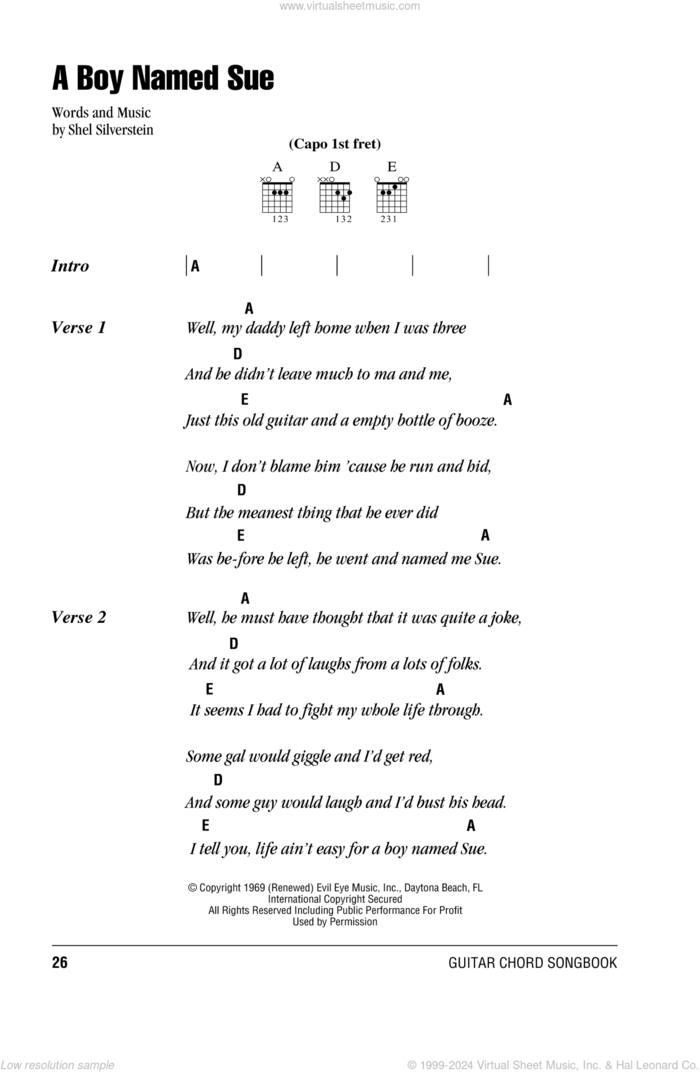 A Boy Named Sue sheet music for guitar (chords) by Johnny Cash and Shel Silverstein, intermediate skill level