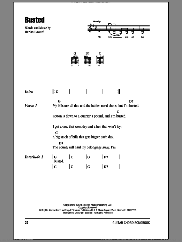 Busted sheet music for guitar (chords) by Johnny Cash and Harlan Howard, intermediate skill level