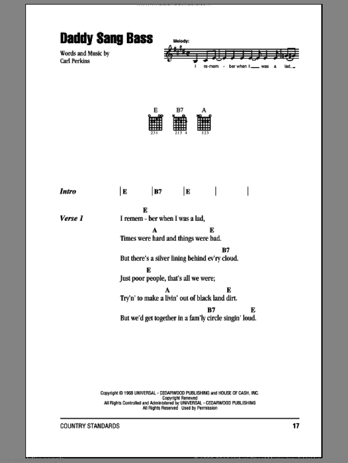 Daddy Sang Bass sheet music for guitar (chords) by Johnny Cash and Carl Perkins, intermediate skill level