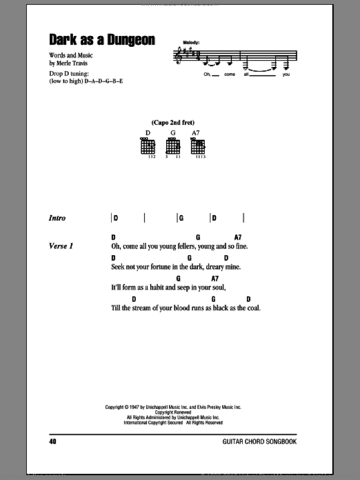 Dark As A Dungeon sheet music for guitar (chords) by Johnny Cash and Merle Travis, intermediate skill level