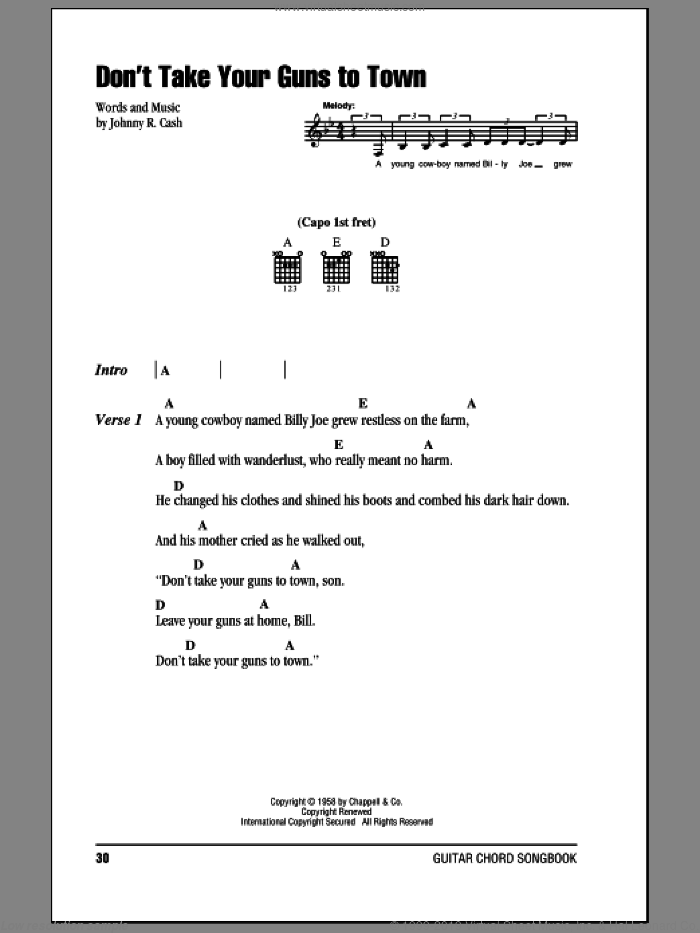 Don't Take Your Guns To Town sheet music for guitar (chords) by Johnny Cash, intermediate skill level