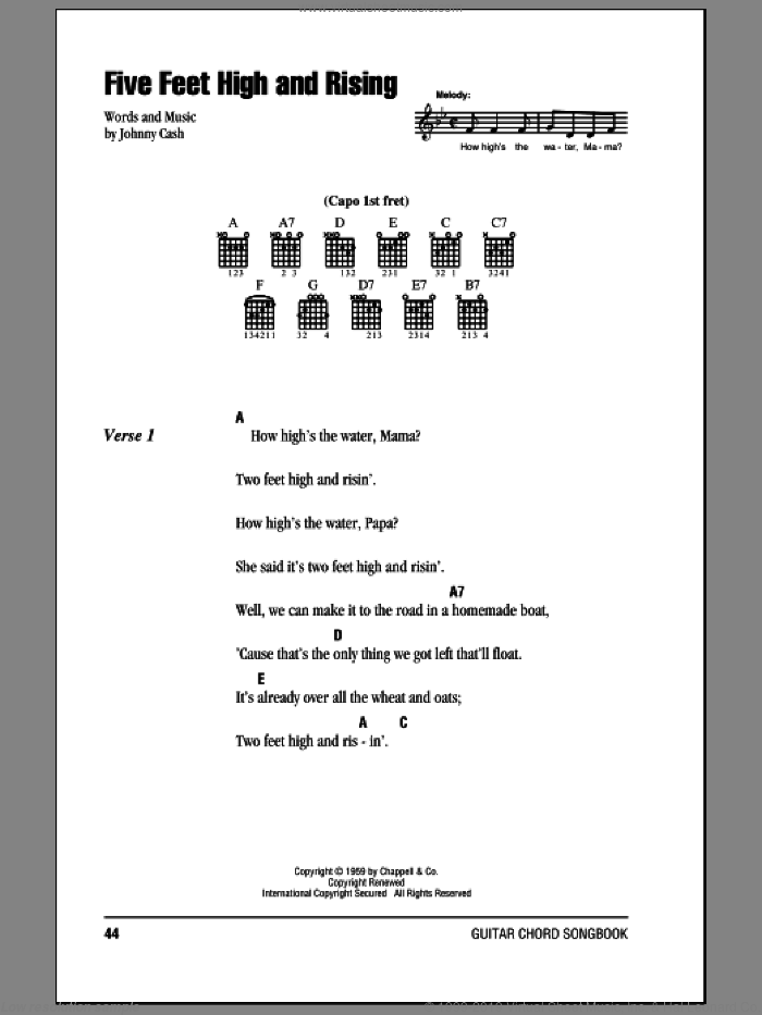 Five Feet High And Rising sheet music for guitar (chords) by Johnny Cash, intermediate skill level