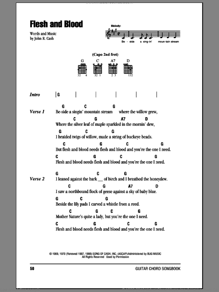 Flesh And Blood sheet music for guitar (chords) by Johnny Cash, intermediate skill level