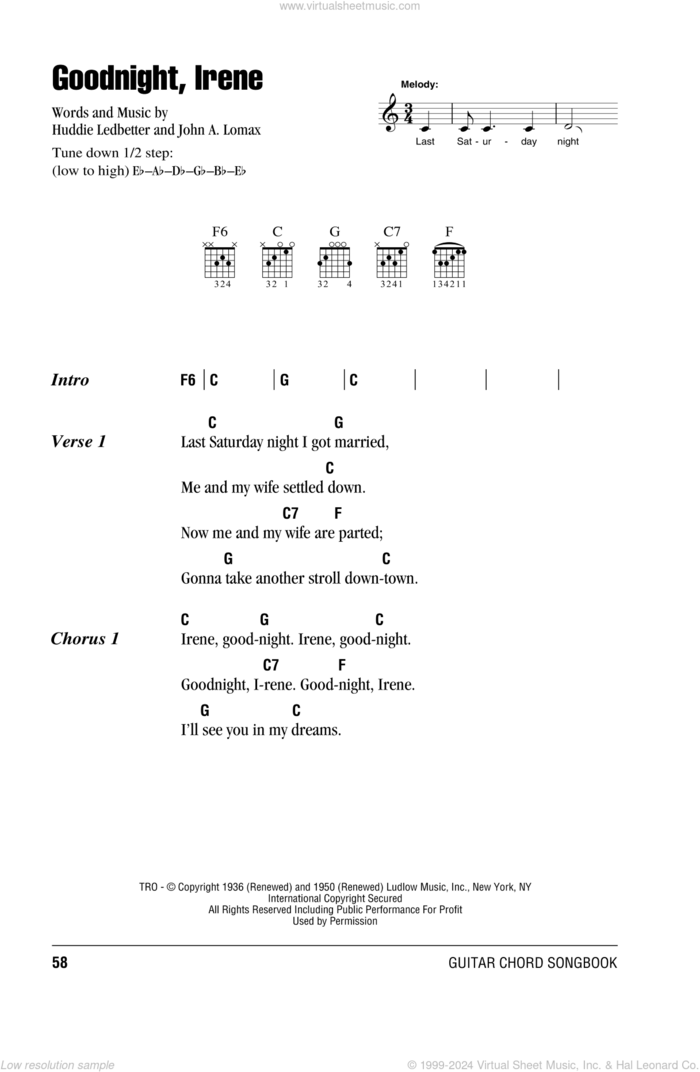 Goodnight, Irene sheet music for guitar (chords) by Johnny Cash, Lead Belly, Huddie Ledbetter and John A. Lomax, intermediate skill level