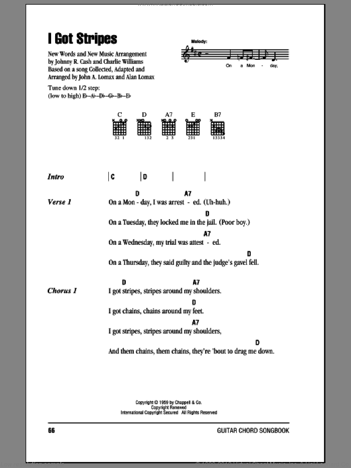 I Got Stripes sheet music for guitar (chords) by Johnny Cash, Charles Williams and John A. Lomax, intermediate skill level