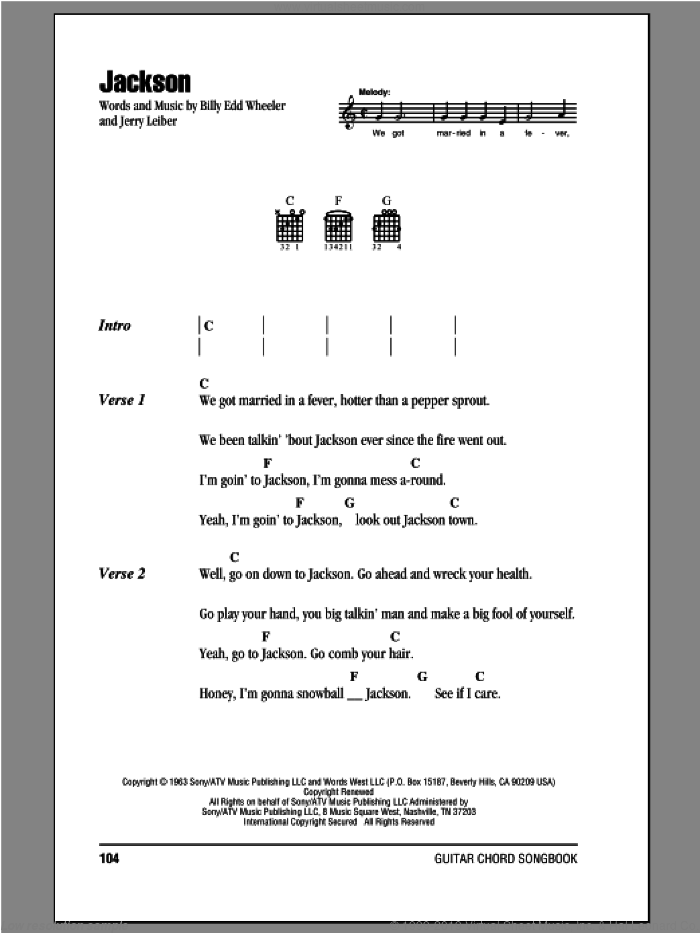 Jackson sheet music for guitar (chords) by Johnny Cash & June Carter, Johnny Cash, June Carter, Billy Edd Wheeler and Jerry Leiber, intermediate skill level