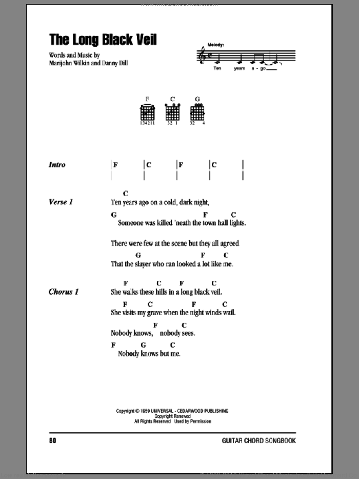 The Long Black Veil sheet music for guitar (chords) by Johnny Cash, Danny Dill and Marijohn Wilkin, intermediate skill level