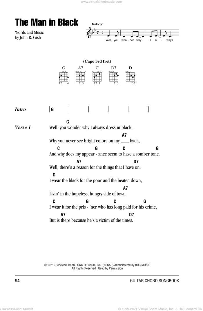 The Man In Black sheet music for guitar (chords) by Johnny Cash, intermediate skill level