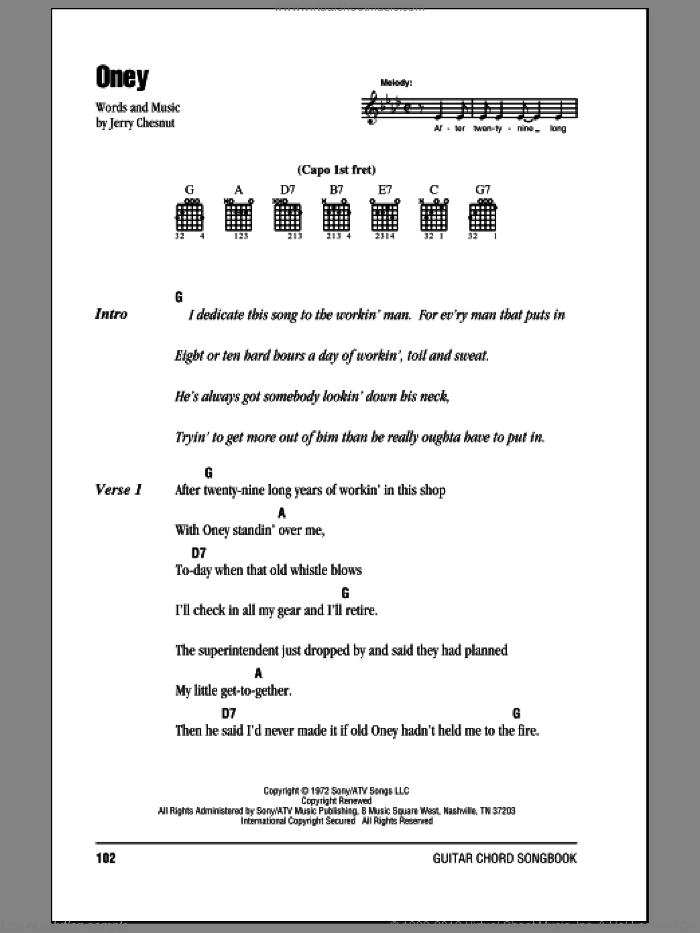 Oney sheet music for guitar (chords) by Johnny Cash and Jerry Chesnut, intermediate skill level