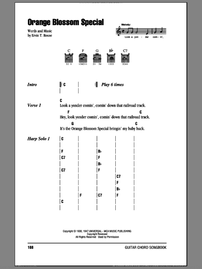 Orange Blossom Special sheet music for guitar (chords) by Johnny Cash and Ervin T. Rouse, intermediate skill level