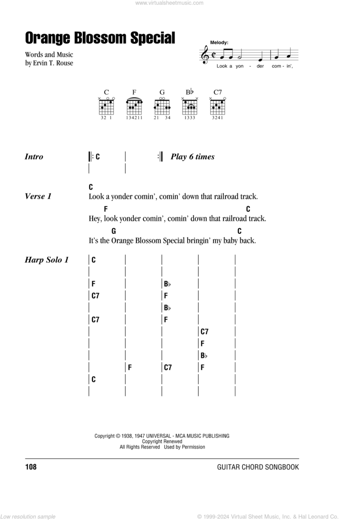 Orange Blossom Special sheet music for guitar (chords) by Johnny Cash and Ervin T. Rouse, intermediate skill level