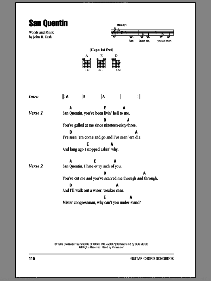 San Quentin sheet music for guitar (chords) by Johnny Cash, intermediate skill level