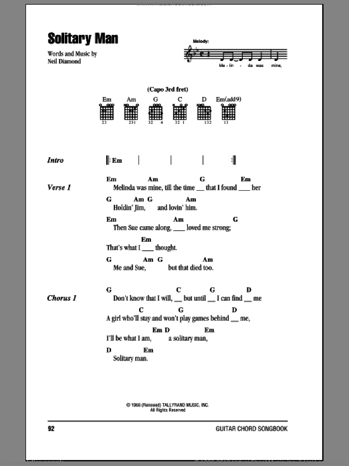 Solitary Man sheet music for guitar (chords) by Neil Diamond and Johnny Cash, intermediate skill level