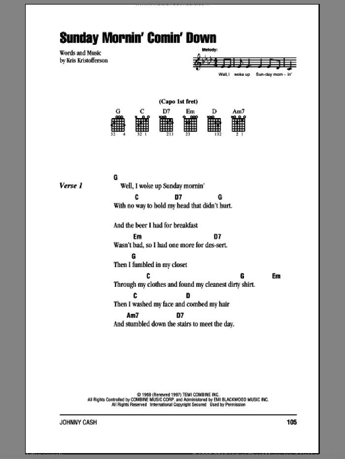 Sunday Mornin' Comin' Down sheet music for guitar (chords) by Johnny Cash and Kris Kristofferson, intermediate skill level