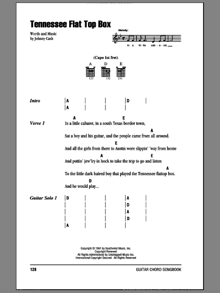 Tennessee Flat Top Box sheet music for guitar (chords) by Johnny Cash, intermediate skill level