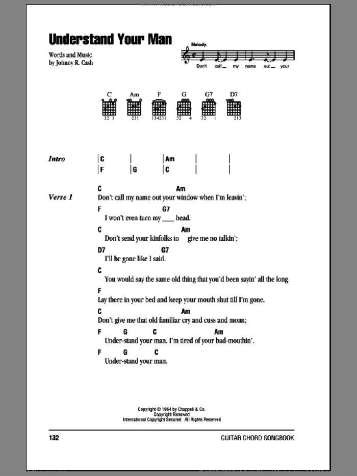 Understand Your Man sheet music for guitar (chords) by Johnny Cash, intermediate skill level