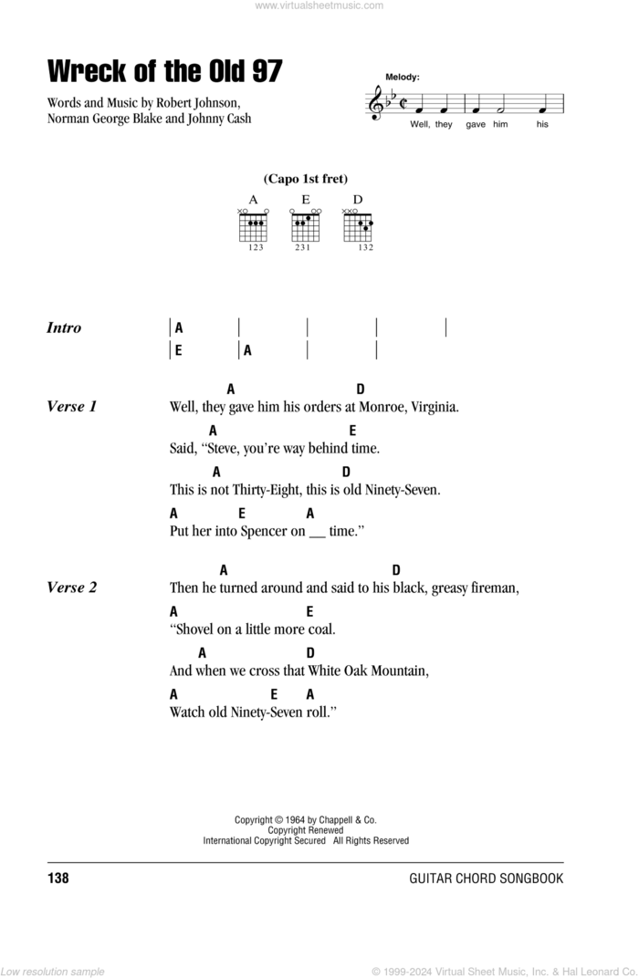 Wreck Of The Old 97 sheet music for guitar (chords) by Johnny Cash, Norman L. Blake and Robert Johnson, intermediate skill level