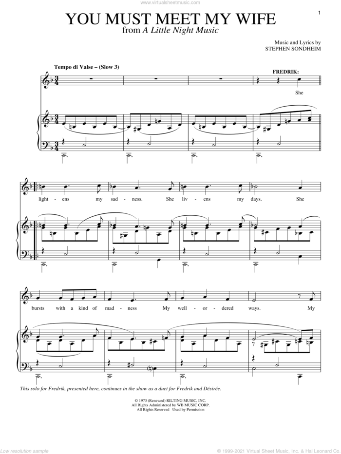 You Must Meet My Wife sheet music for voice and piano by Stephen Sondheim and A Little Night Music (Musical), intermediate skill level