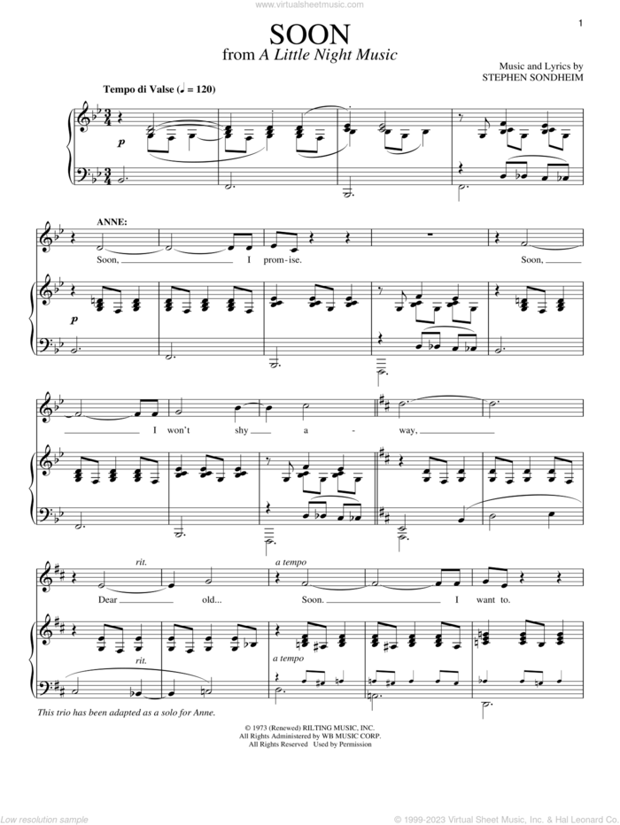 Soon sheet music for voice and piano by Stephen Sondheim and A Little Night Music (Musical), intermediate skill level