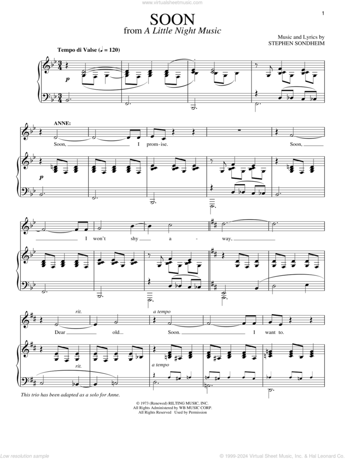 Soon sheet music for voice and piano by Stephen Sondheim and A Little Night Music (Musical), intermediate skill level