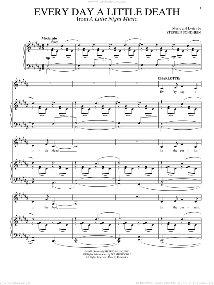 Every Day A Little Death sheet music for voice and piano by Stephen Sondheim and A Little Night Music (Musical), intermediate skill level