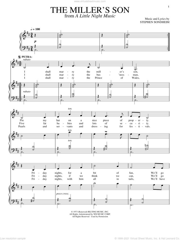 The Miller's Son sheet music for voice and piano by Stephen Sondheim and A Little Night Music (Musical), intermediate skill level