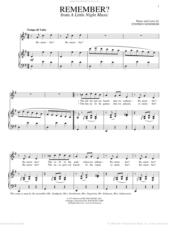 Remember sheet music for voice and piano by Stephen Sondheim and A Little Night Music (Musical), intermediate skill level