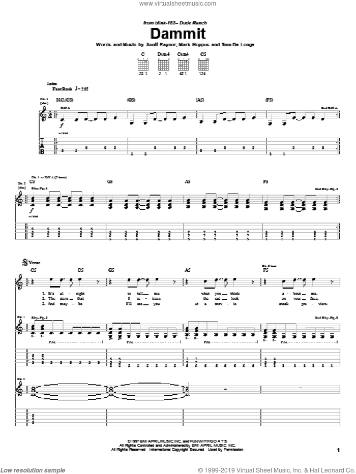Dammit sheet music for guitar (tablature) by Blink-182, Mark Hoppus, Scott Raynor and Tom DeLonge, intermediate skill level