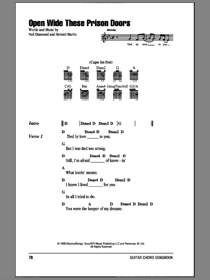 Open Wide These Prison Doors sheet music for guitar (chords) by Neil Diamond and Stewart Harris, intermediate skill level