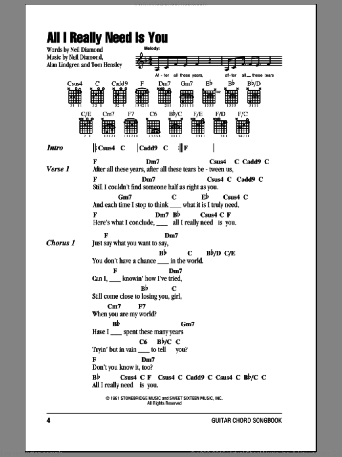 All I Really Need Is You sheet music for guitar (chords) by Neil Diamond, Alan Lindgren and Tom Hensley, intermediate skill level