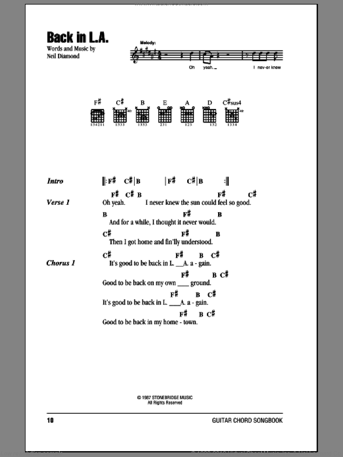 Back In L.A. sheet music for guitar (chords) by Neil Diamond, intermediate skill level