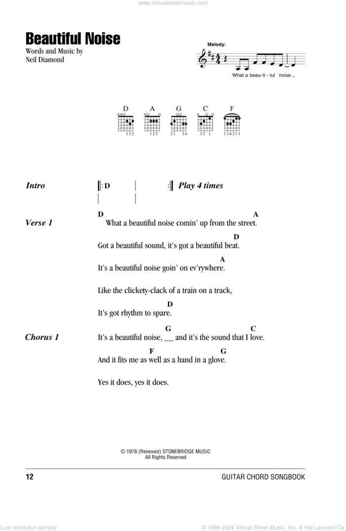 Beautiful Noise sheet music for guitar (chords) by Neil Diamond, intermediate skill level