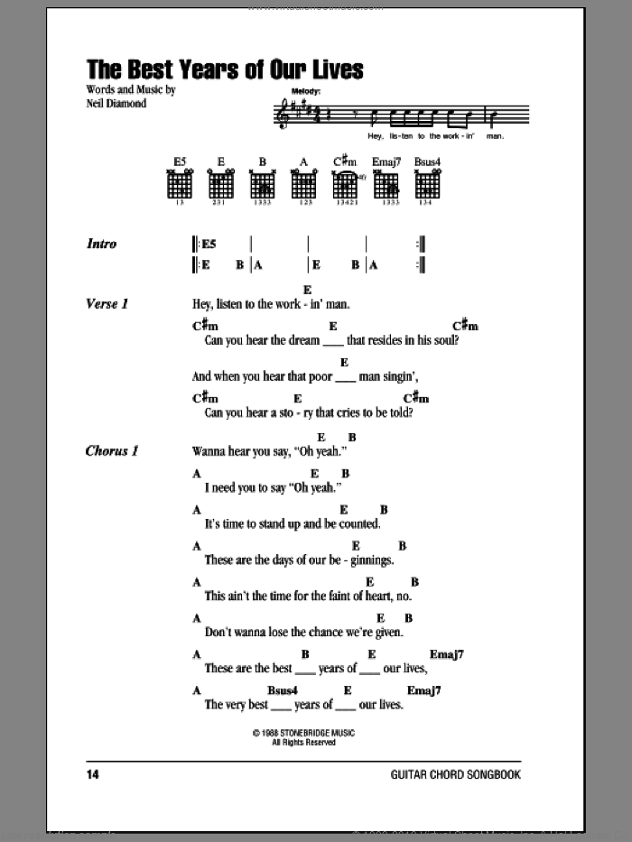 The Best Years Of Our Lives sheet music for guitar (chords) by Neil Diamond, intermediate skill level